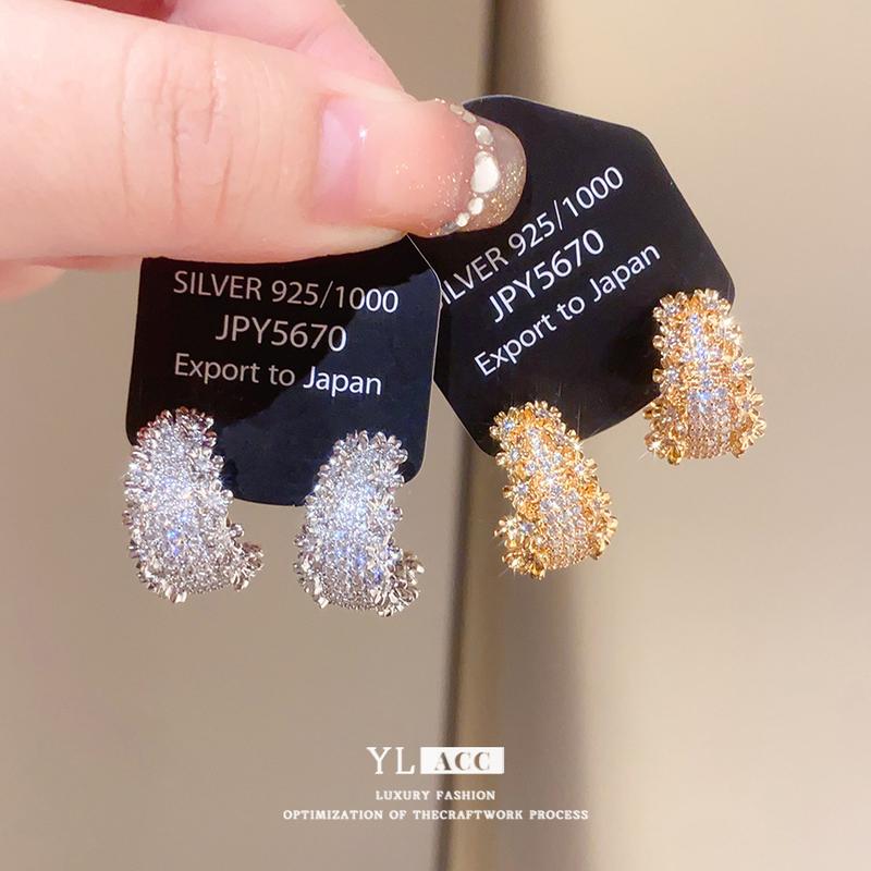 18k真金电镀银针欧美锆石C形花边耳钉时…